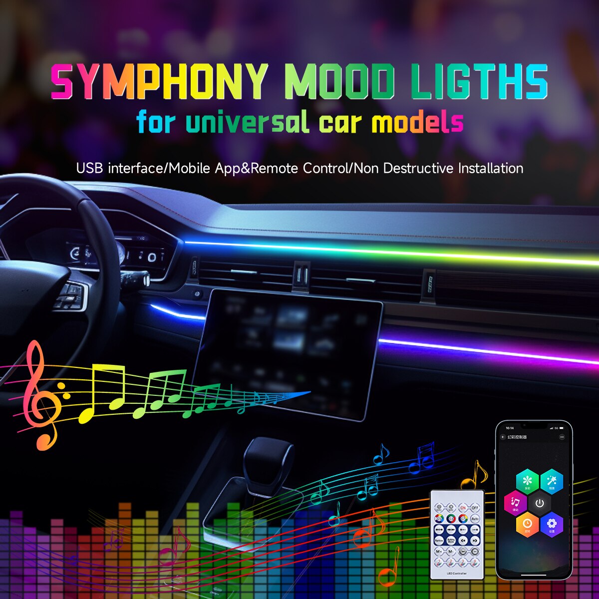 Rgb Hub Sync - Luz LED ambiental para coche, tiras